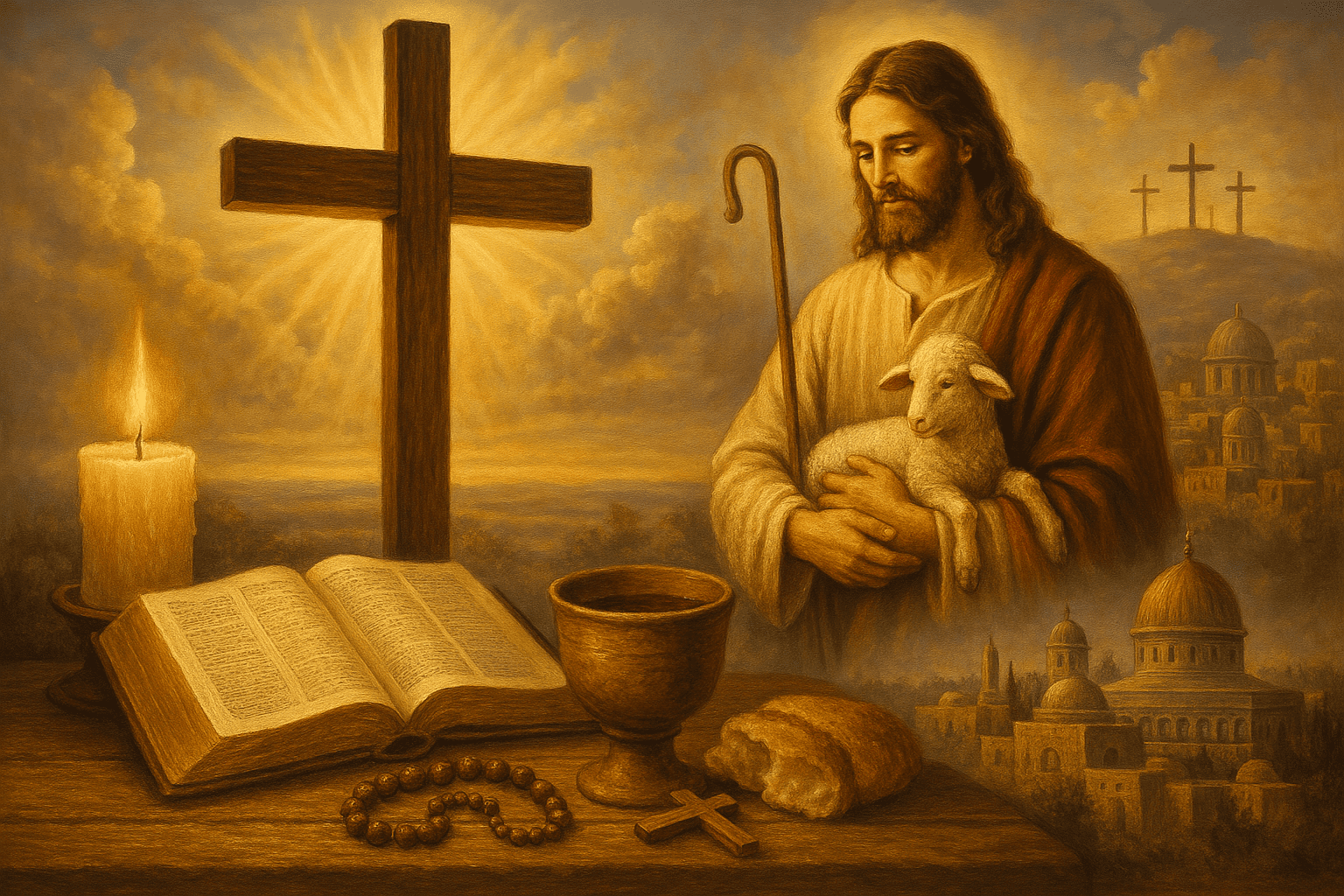 Jesus holding lamb with cross and bread