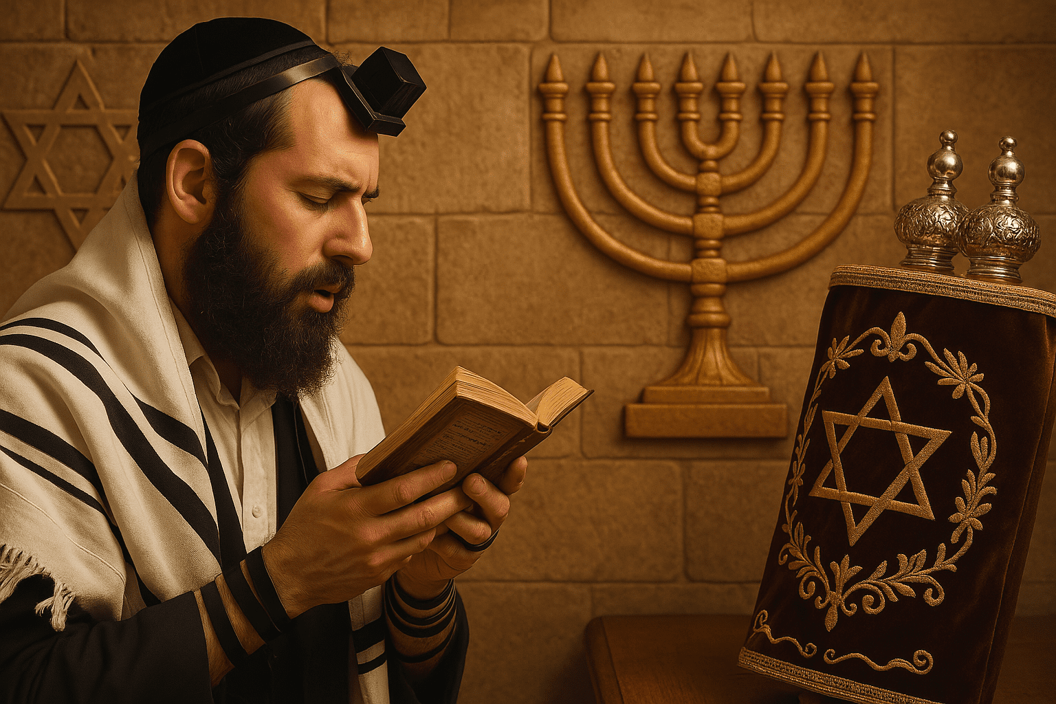 Man praying with Torah and menorah in background.