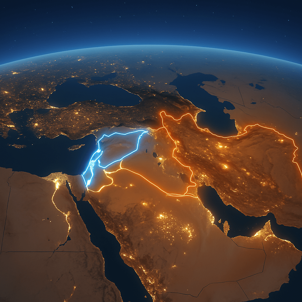 Middle East at night with glowing country borders.