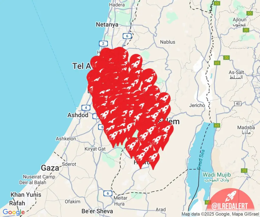Rocket alert map over central Israel