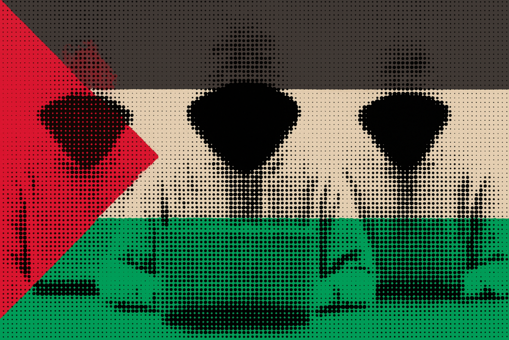 Halftone illustration of three hooded hackers sitting at laptops, overlaid with the Palestinian flag.