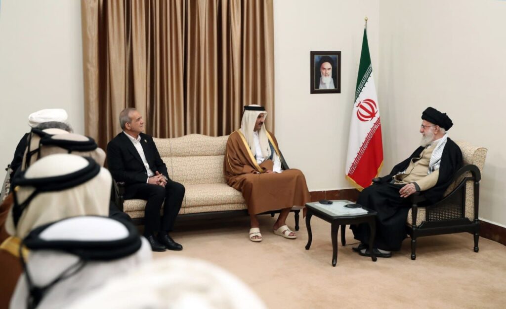Leaders meeting in Iran discussing international relations.