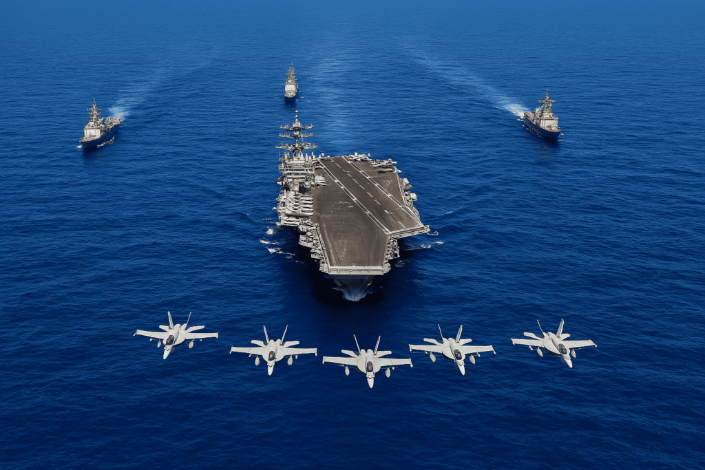 Aircraft carrier with jets and escort ships at sea.