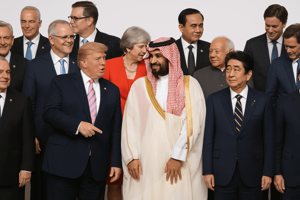 World leaders group photo at international summit.