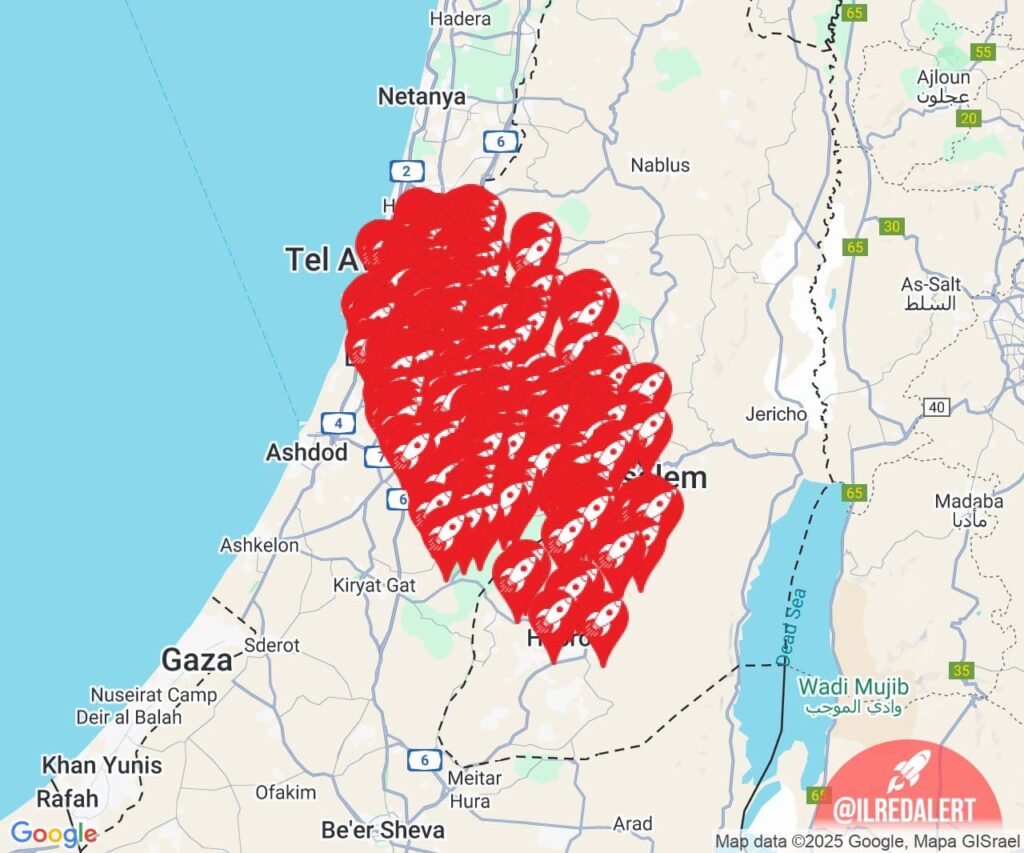 Rocket alert map over central Israel