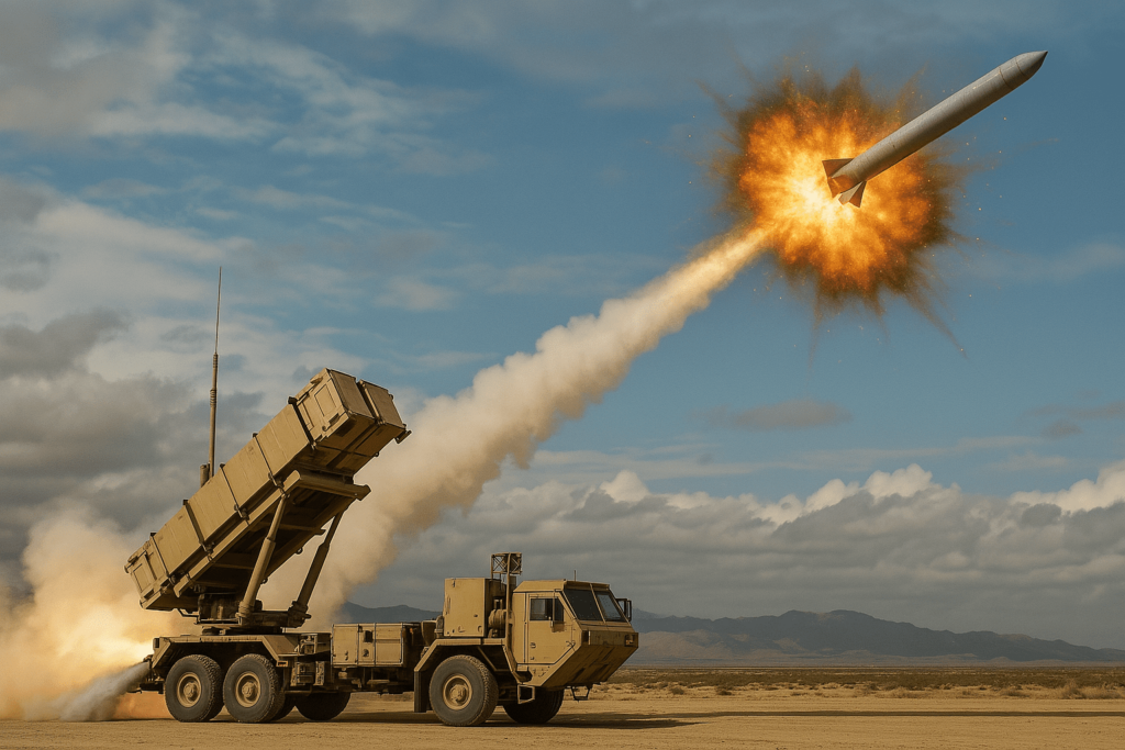 Missile launching from military vehicle in desert.