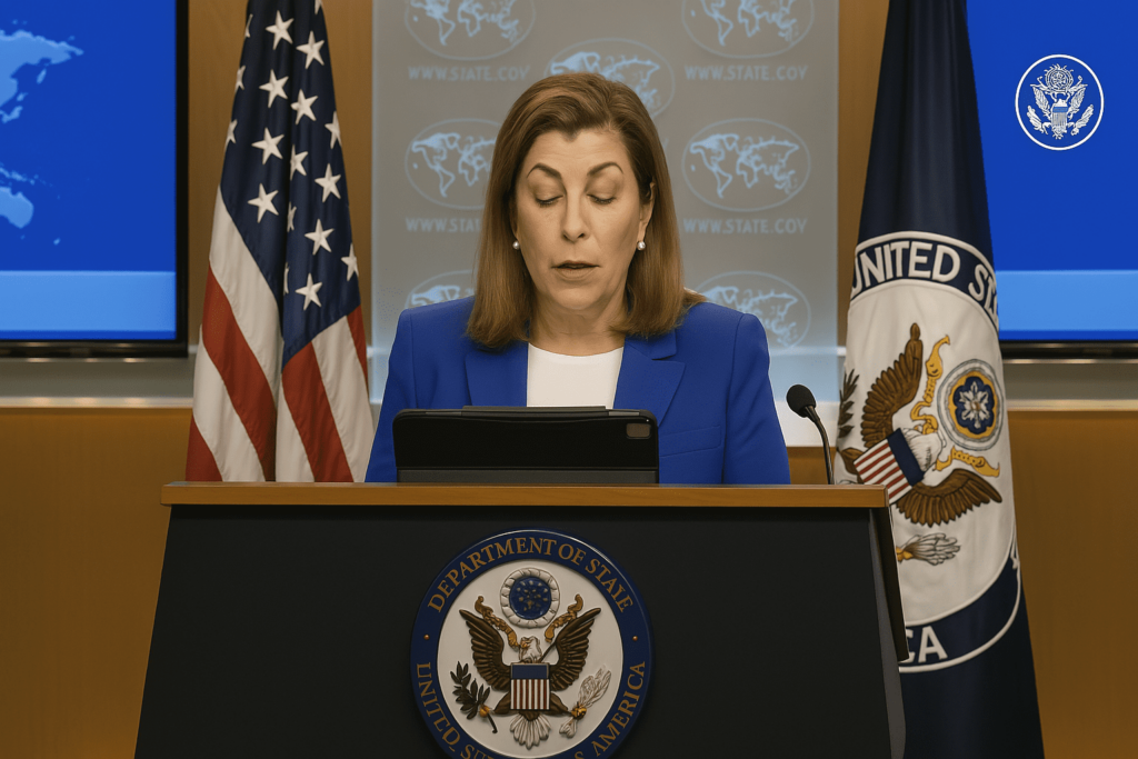 Speaker at U.S. State Department podium with flags