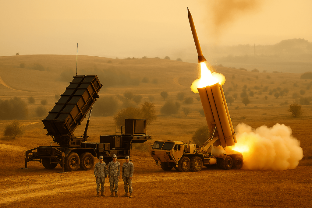 Military missile launching in desert landscape at sunset.