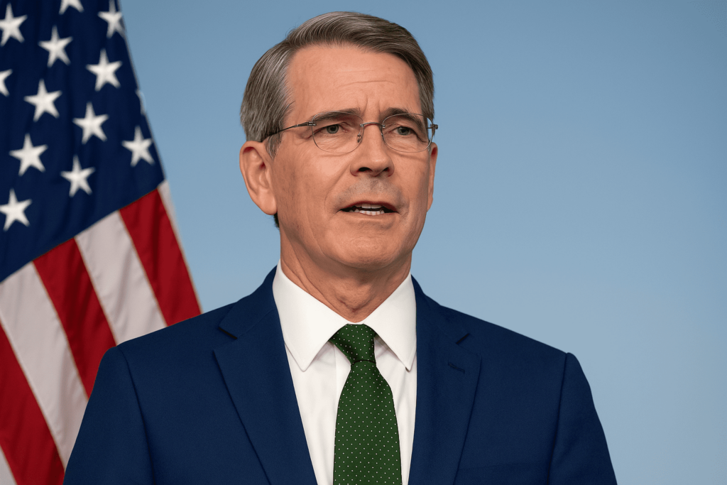 Man in suit speaking, American flag background.