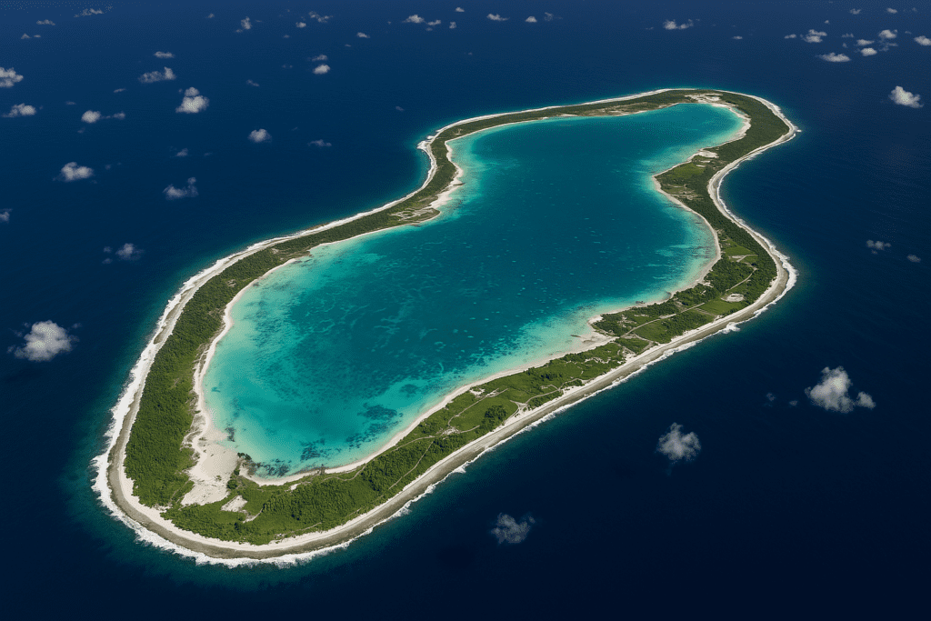 Aerial view of a tropical island lagoon.