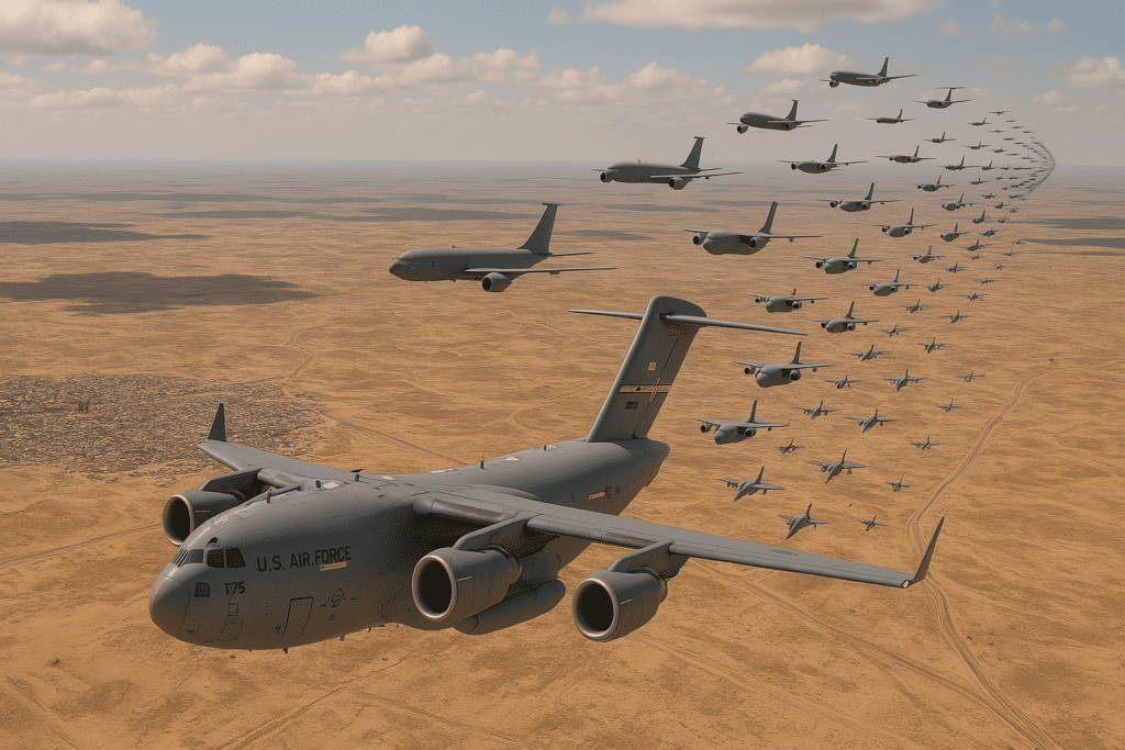 Multiple aircraft flying over desert landscape